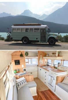 the interior and exterior of a tiny home with mountains in the background, and an rv parked next to it