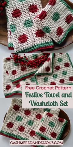 a crocheted dishcloth and placemat set on a wooden platter with text overlay that says free crochet pattern festive towel and watch set