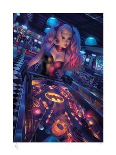 a woman in a batgirl costume is playing pinball at the bowling alley with neon lights