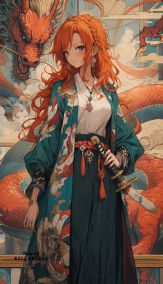 an orange haired woman standing in front of a dragon and other artwork on the wall