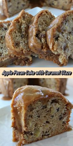 an apple pecan cake with caramel glaze is cut in half on a white plate