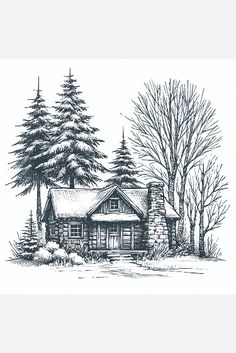 a drawing of a cabin in the woods