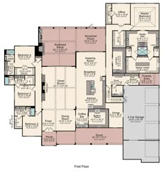 the first floor plan for a home with two master suites and an open kitchen area