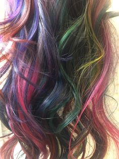 Peekaboo Rainbow Hair, Colorful Highlights In Brown Hair, Multicolor Hair, Hair Color Streaks, Dyed Hair Inspiration, Multicolored Hair, Funky Hairstyles