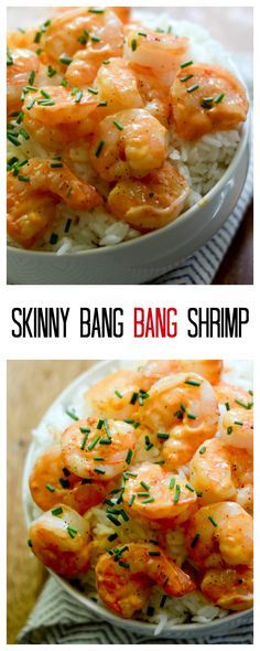 two pictures of shrimp and rice with the words skinnyy bang bang shrimp on top