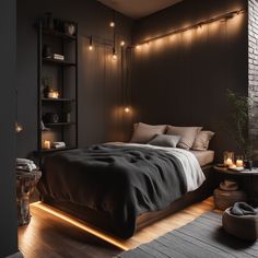 a large bed sitting in a bedroom next to a brick wall with lights on it