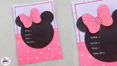 two cards with minnie mouse ears and pink bows on them, one is made out of paper