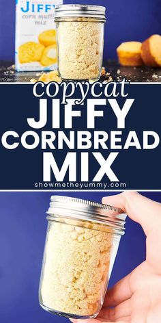 a hand holding a jar filled with cornbread mix