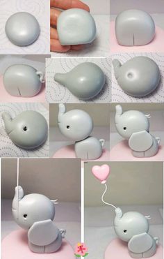 there are many different pictures of the same elephant with heart shaped balloon attached to it