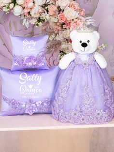 Lilac Quinceanera pillows set and teddy bear Lilac Quinceanera, Kneeling Pillow, Quinceanera Bouquet, 15 Candles, Quinceanera Tiaras, Cake Knife Set, Quinceanera Cakes, Cuddly Teddy Bear