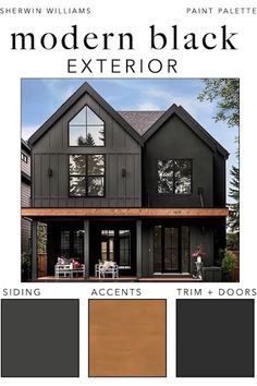 an exterior color scheme for a house with black paint and wood accents, including the front door