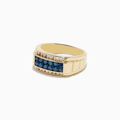 Effy Men's 14K Yellow Gold Blue and White Diamond Ring Blue Diamond Ring With 14k Gold Accents, Blue 14k Gold Signet Ring Fine Jewelry, Formal Blue 14k Gold Signet Ring, Blue Diamond Signet Ring With Polished Finish, 14k Gold Blue Sapphire Ring With 17 Jewels, Luxury Blue Signet Ring, Blue 14k Gold Ring Stamped 14k, 14k Gold Blue Diamond Ring, Classic Blue Signet Ring Stamped 14k