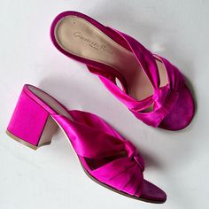 Gianvito Rossi Satin Slide Sandals In A Bright Pink Color, With About A 2 3/4 Inch Heel. Size 38. Some Spots On The Satin From Wear - Especially At The Toe Of The Footbed, But Gorgeous On. See Photos For Details. Girl Money, Rossi Shoes, Twist Knot, Mule Sandals, 4 Inch Heels, Pink Satin, Gianvito Rossi, Slide Sandals, Bright Pink