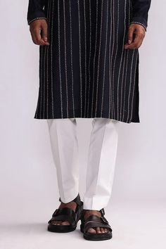 Navy chanderi kurta with thread hand embroidery. Comes with pant. - Aza Fashions Unstitched Cotton Suit For Traditional Ceremonies, Cotton Chikankari Embroidery Straight Kurta Bottoms, Fitted Cotton Churidar With Gota Work, Cotton Unstitched Suit With Gota Work, Cotton Straight Kurta Bottoms For Festive Season, Unstitched Cotton Suit With Gota Work, Unstitched Traditional Wear Straight Pants For Eid, Festive Cotton Straight Kurta Bottoms, Unstitched Cotton Suit With Gota Work In Traditional Drape