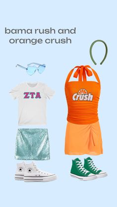 an orange and white shirt, green shorts, and sneakers are featured in the ad