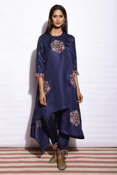 Shop for Swati Vijaivargie Blue Silk Embroidered Asymmetric Kurta Set for Women Online at Aza Fashions Navy Blue Kurta, Tunic With Pants, Asymmetric Kurta, Blue Kurta, Silk Pant, Satin Color, Silk Pants, Embroidered Silk, Straight Pants