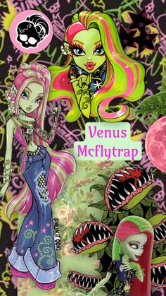 an image of some cartoon characters on a black and pink background with the words venus mcflutrap