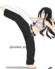 an anime character is doing a kick with her leg up and one hand in the air