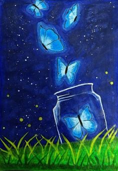 a painting of blue butterflies flying out of a jar on the grass with stars in the sky