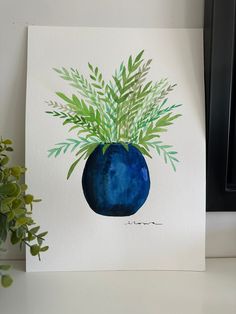 a painting of a blue vase with green plants in it next to a planter