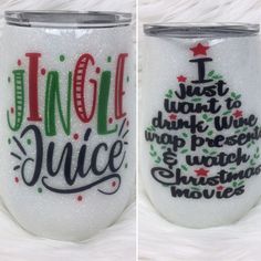 two wine tumbles decorated with christmas lettering