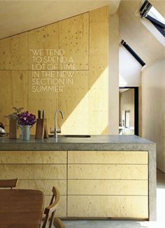 a kitchen with wooden cabinets and a skylight