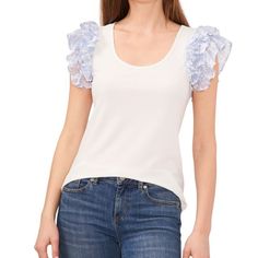 Crewneck Double-Ruffle-Sleeve Machine Washable Cotton; Sleeves: Rayon/Nylon Floral Puff Sleeve Top, Tie Sleeve Blouse, Floral Lace Blouse, Peter Pan Collar Blouse, Feminine Top, White Sleeveless Blouse, Womens Crewneck, Flutter Sleeve Top, Ruffled Sleeve Top