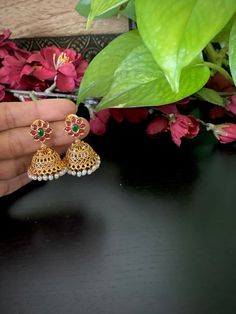 Antique cute gold finished ruby/emerald pearl peacock Jhumkas / jhumki Earrings / Mini bridal earrings / Temple Jhumka earrings Luxury Temple Jewelry Round Jhumkas, Temple Jewelry Peacock Design Jhumkas, Temple Jewelry Peacock Jhumkas, Luxury Ruby Temple Jewelry Jhumkas, Gold Ruby Jhumkas With Intricate Design, Jhumki Earrings, Ruby Emerald, Jhumka Earrings, Jewelry Maker