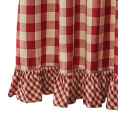 a red and white checkered curtain with ruffles