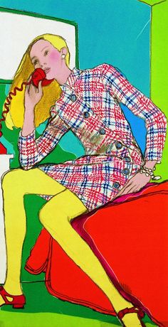 a painting of a woman sitting on a chair with an apple in her hand and wearing yellow tights