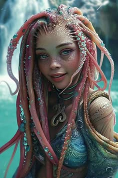 a woman with long hair and octopus tentacles on her head is standing in the water