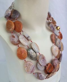 Handmade Agate Necklace, hand-knotted, natural Fire Agate, 3 mm Swarovski crystal, Venetian glass bead,  embossed sterling bead, 6 mm rock crystal in back of necklace with lovely sterling silver toggle and findings. This handmade, oneoff, triple strand necklace is 20 inches in length, weight is 8.2 oz, hand-crafted in North Palm Beach, Florida by designer artist Christine Smith Blue Lace Agate Necklace, Large Pearl Necklace, Rock Crystal Necklace, Jewerly Beads, Artisan Bracelets, Fire Agate, Homemade Jewelry, Agate Necklace, Special Jewelry