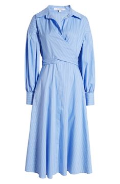 Shirtdress style gets a graceful drape in a cotton-blend midi designed with a wrapped bodice. 47" length (size Medium) Ties at back Spread collar Surplice V-neck Long sleeves with four-button cuffs Partially lined 70% cotton, 27% nylon, 3% spandex Hand wash, dry flat Imported Spring Formal Cotton Midi Dress, Formal Cotton V-neck Midi Dress, Formal V-neck Cotton Midi Dress, Elegant Blue Cotton Shirt Dress, Spring Long Sleeve Wrap Dress For Daywear, Chic Cotton Wrap Dress, Midi Length, Long Sleeve Cotton Midi Dress For Office, Long Sleeve Cotton Midi Dress For Formal Occasions, Cotton Long Sleeve Midi Dress For Office