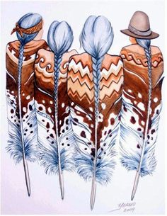 an image of three feathers with hats on them