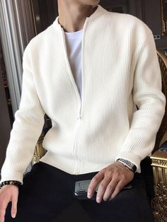 Beige Casual Collar Manches longues Étoffe Unicolore  Embellished Extensibilité légère Sweater Streetwear, Streetwear Sweater, Slim Fit Sweater, Zippered Cardigan, Cardigan Sweater Coat, Zip Cardigan, Zippered Sweater, Men's Korean Style, Sweater Coat