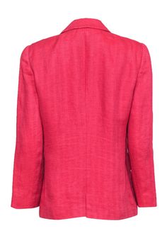 Stand out from the crowd in this bold pink colored blazer! This summery hue is a perfect match for the linen fabric, which is the best fabric to have during those hot summer months. For a fresh and trendy look, pair this with boyfriend jean shorts and a graphic tee. Size tag missing (measures size M) Made in Italy 100% Linen Double pink button front closure Partially lined Collared neckline Double flap pockets Single bust open pocket Bust 33.2” Waist 30” Shoulder to hem 25” Shoulder to shoulder Formal Pink Summer Blazer, Pink Tailored Blazer For Summer, Tailored Pink Summer Blazer, Classic Pink Summer Blazer, Pink Summer Outerwear With Button Closure, Boyfriend Jean Shorts, With Boyfriend, Boyfriend Jean, Pink Linen