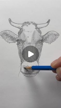 a drawing of a cow with a pencil in it's mouth and the face is drawn