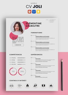 a clean and modern resume template with pink accents on the front, black and white