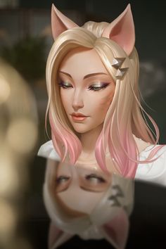 a digital painting of a woman with pink hair and cat ears, wearing a white shirt