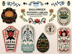 the halloween labels are designed to look like they have been decorated with flowers and leaves