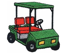 a green and red golf cart embroidered on a white background