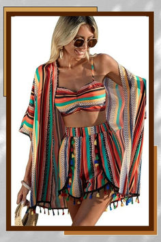 Features: Dolman Sleeve, Geo Print, Spaghetti Strap Neck, Drop Shoulder, Ruched, Tassel Trim, Elastic Waist, Boho Style
Occasions: Perfect for casual wear in summer, fit for beach, holiday, vacation, festival, going out or party
Model Measurements: Height: 66.9 inch, Bust: 35 inch, Waist: 22.8 inch, Hips: 34.6 inch. Wear: S Tropical Shorts, Outfits Short Sleeve, Party Models, Short Kimono, Boho Kimono, Little Outfits, Geo Print, Cute Summer Outfits