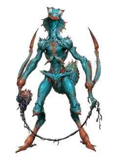 a blue creature with horns and claws on it's head standing in front of a white background