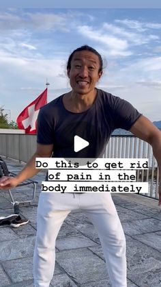 a man standing on top of a skateboard in front of a flag and text that reads, do this to get rid off pain in the body immediately