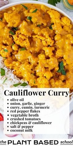 an advertisement for cauliflower curry on a plate with rice and red pepper sauce