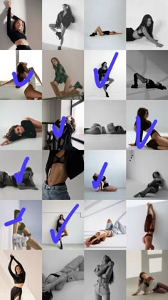 a collage of photos showing different poses and body shapes, with blue arrows pointing to the