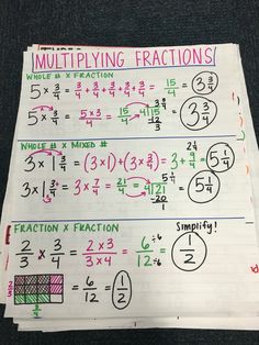 two sheets of paper with numbers and fractions written on them