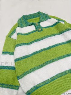 Peilia - Womens Striped Polo Neck Long Sleeve Pullover Sweater: A Versatile and Stylish Winter Wardrobe Essential Trendy Green Sweater With Ribbed Collar, Casual Green Polo Sweater For Fall, Green Long Sleeve Casual Polo Sweater, Oversized Green Tops With Ribbed Collar, Green Knit Sweater With Ribbed Collar, Green Oversized Knitted Tops, Green Casual Polo Sweater With Ribbed Collar, Casual Green Polo Sweater With Ribbed Collar, Winter Wardrobe Essentials