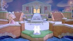 an animal crossing the street in front of a building with stairs and a fountain at night