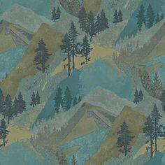 a wallpaper with trees and mountains in blue, beige and brown colors on it